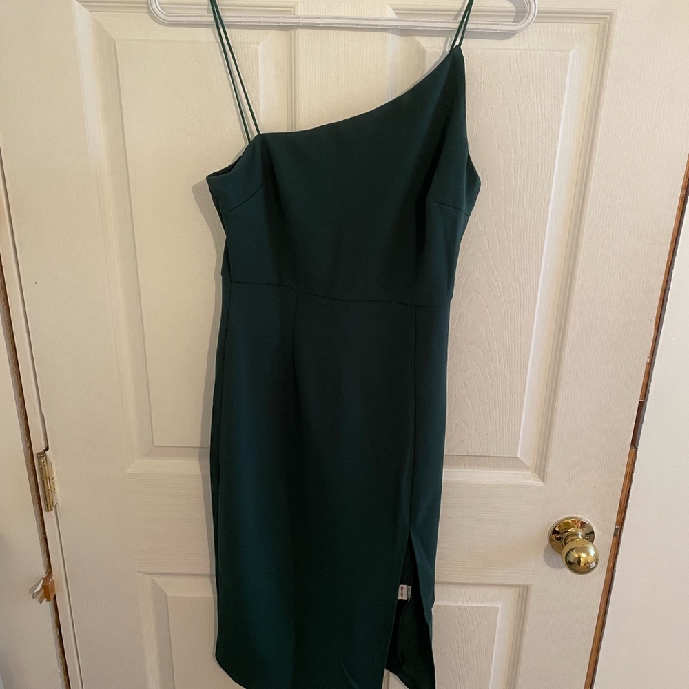 Green asymmetrical midi dress